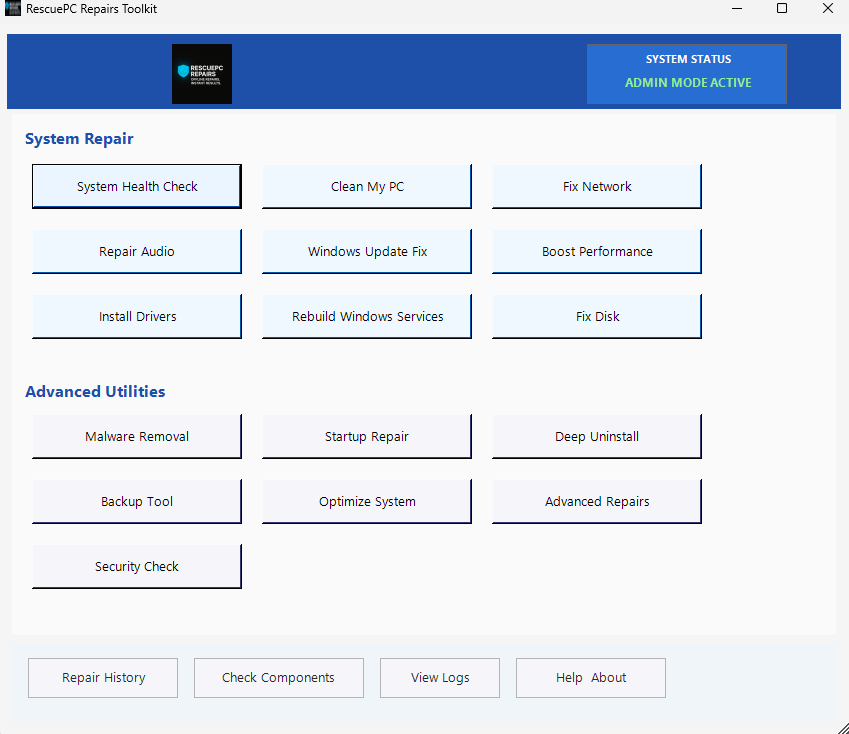 RescuePC Repairs User Interface Preview